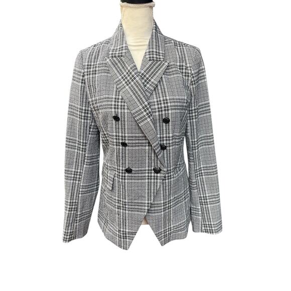 Maison d'Amelie Black White Plaid Double Breasted Notched Hem Blazer - M - Picture 2 of 13
